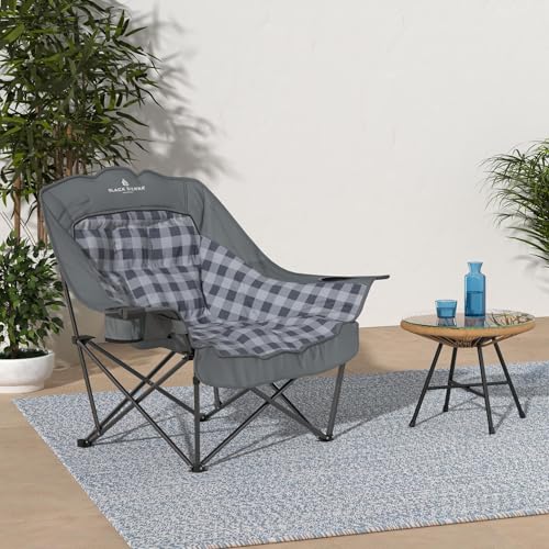 Black Sierra XL Padded Camping Chair - Heavy Duty Folding Seat with Cup Holders - Black & Grey