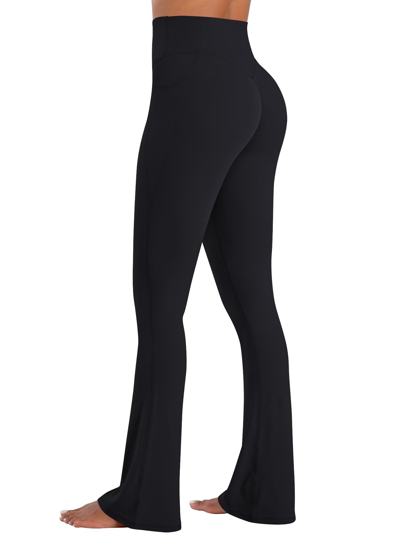 Sunzel No Front Seam Flare Leggings for Women with Pockets Hidden Butt Lifting Scrunch Tummy Control Mini Flared Yoga Pants 32" Inseam Black Medium