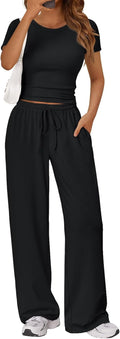 Trendy Queen 2 Piece Summer Sweatsuit - Women's Crop Top & Wide Leg Pants Set
