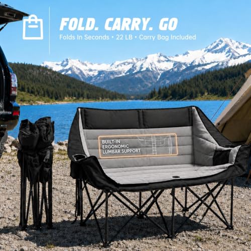 Black 2-Person Folding Camping Loveseat Outdoor Chair with Padded Seat & Storage