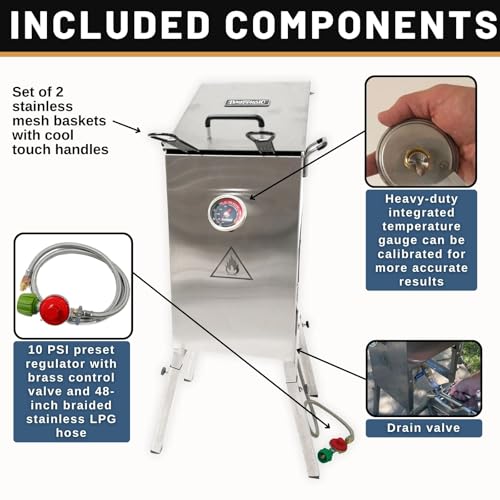 Outdoor Propane Deep Fryer with 2 Baskets - 4 Gallon Steel Fryer, Drain Valve, Thermometer - Fryer Variant