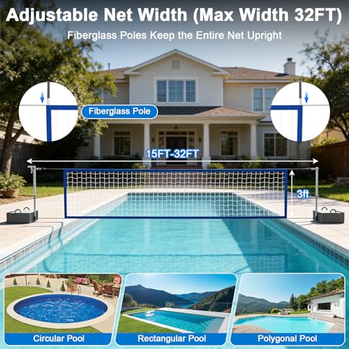 KOOHYIA 15-32ft Adjustable Pool Volleyball Net Set with LED Solar Lights, Portable Water Game