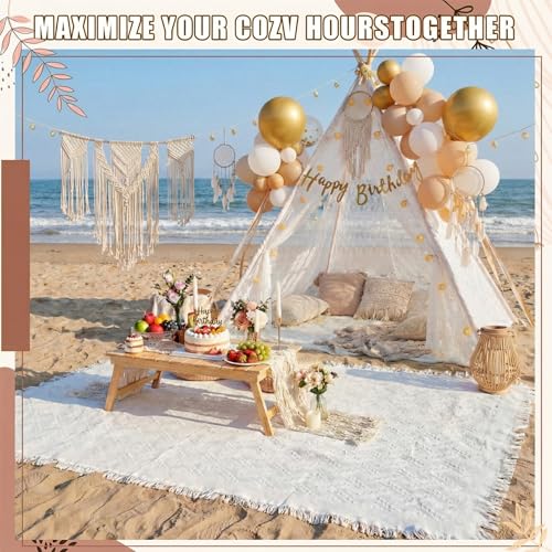 Beeveer White 47"x51" Lace Teepee Tent & Extra Large Boho Picnic Blanket 91"x72"