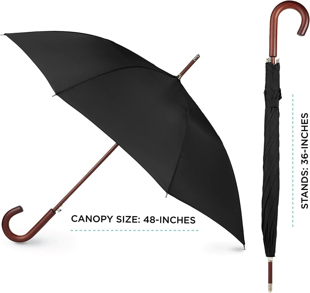 Totes Auto Open Umbrella - Water Repellent Design with Classic Wood J Hook Handle