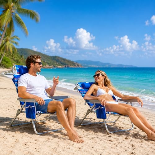 Blue Striped High Seat Beach Chair for Adults with Cooler & Cup Holder - 5 Recline Positions