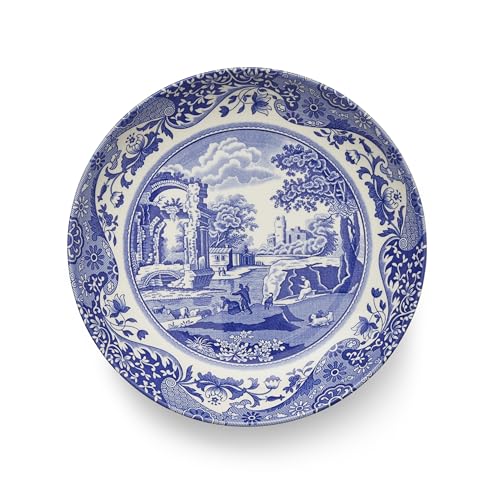 Spode Blue Italian Pasta Bowls Set of 4, 9-Inch Earthenware Serving Bowls with Oriental Border