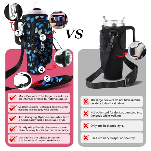 Blue Butterfly Neoprene Water Bottle Carrier for Stanley 30oz/40oz with Phone & Adjustable Strap