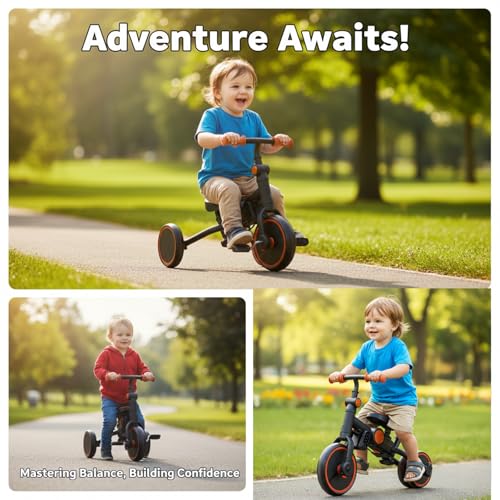 FVOJZQGD Black Foldable Toddler Tricycle with Canopy 8-in-1 Baby Balance Bike