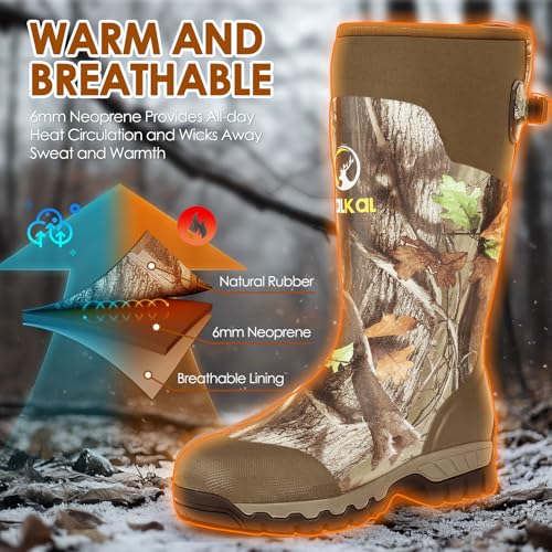 Green Camo Waterproof Hunting Rain Boots - Insulated Rubber Boots with 6mm Neoprene, Size 6-14