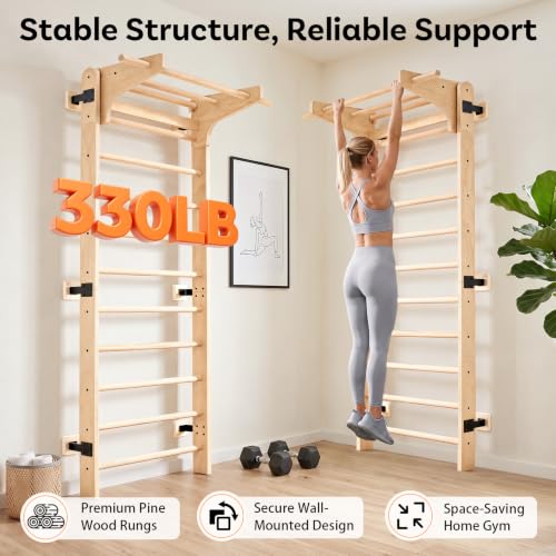 Neoflavie Wooden Wall Gym Ladder with Pull-Up Bar, Heavy-Duty 330LB Support