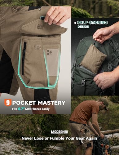 Men's Hiking Cargo Shorts 36 Khaki - Quick Dry, 9 Pockets, Self-Storing