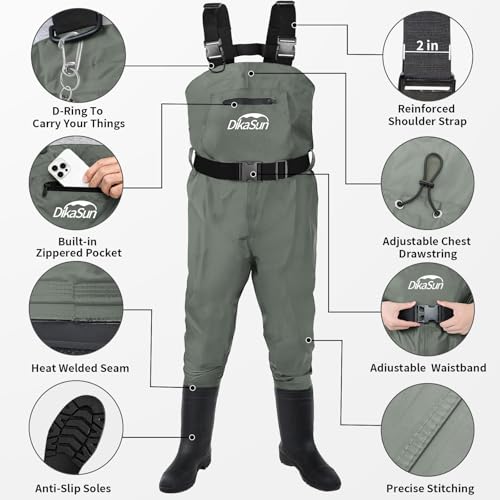 Men & Women Waterproof Fishing Waders - Grey, US M9/W11, 2-Ply Nylon PVC Chest Waders with Boots