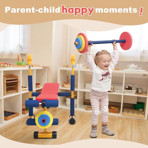 Kids Workout Bench Set with Adjustable Barbell and Soft Foam Padding - Indoor Play Gym for Ages 3+