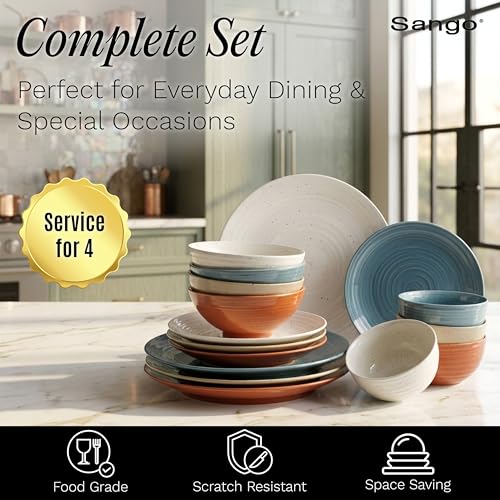 Rustic Mix Sango Siterra 16-Piece Stoneware Dinnerware Set for 4 - Chip Resistant, Microwave & Dishwasher Safe