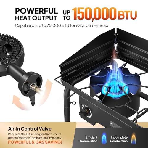 2 Burner Outdoor Propane Gas Stove with Windshield, Side Shelves & Carry Bag - 150,000 BTU Camping Cooker