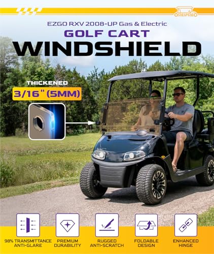 Tinted Foldable Golf Cart Windshield for EZGO RXV 2008-UP - Heavy Duty Hinges, UV & Impact Resistant, 5MM PC Material, 1-1/4" Struts Rail
