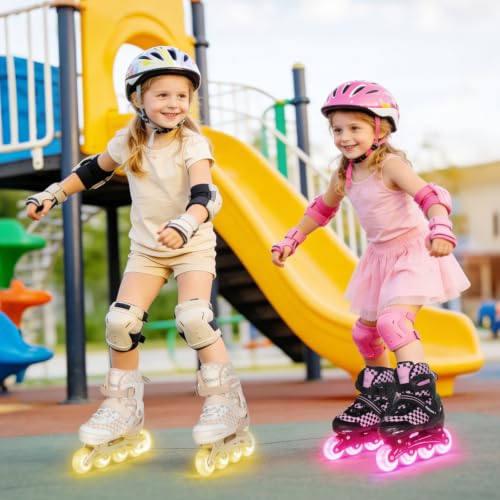Nattork Kids & Teens Adjustable Inline Skates with Illuminating Wheels, Checkerboard Design, Khaki, Medium (1-4 US)