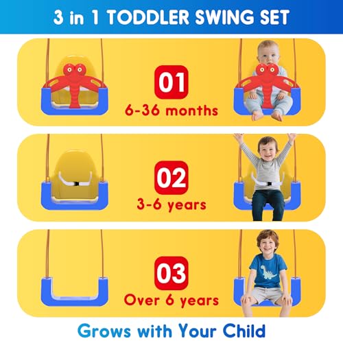 HAPPYMATY 3-in-1 Toddler Swing Set Blue Yellow - Indoor/Outdoor Baby Swing with Safety Belt & Sturdy Metal Stand