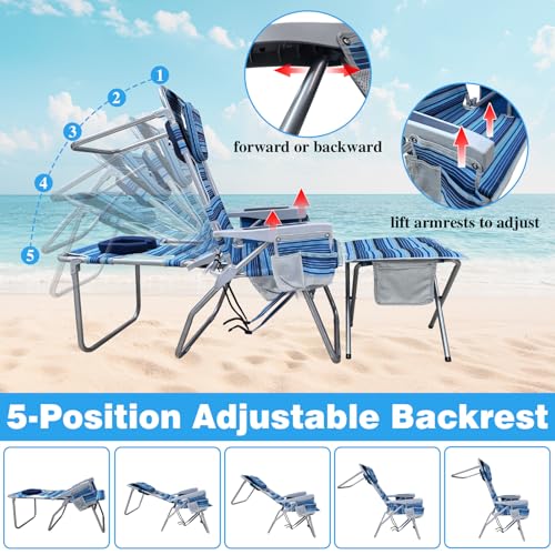 WKFAMOUT 16" Navy Portable Beach Chair with Face Hole & Cooler, Heavy Duty Folding Lounge Seat for Adults