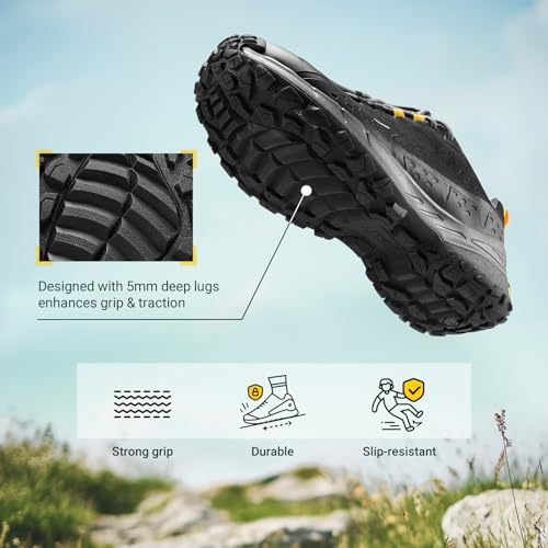 FitVille Men's Waterproof Hiking Shoes 10.5 Wide Black/Grey All-Terrain Sneakers