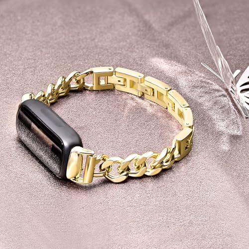 Gold Metal Chain Band Compatible with Fitbit Inspire 3 Adjustable Stainless Steel Strap for Women Men