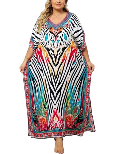 Plus Size Kaftan Dress for Women V-Neck Print Beach Cover Up - One Size, Colorful Stripes