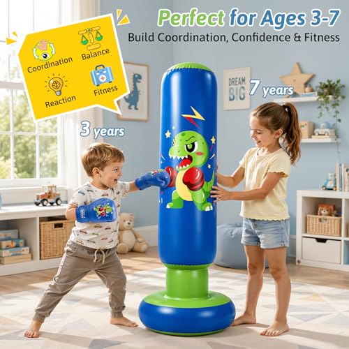66 Inch Inflatable Dinosaur Punching Bag for Kids Ages 3-8 Indoor Outdoor Play