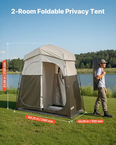 Camping Shower Tent 2-Room Foldable Privacy Enclosure with Stakes & Bag - Khaki 84x42x84 in