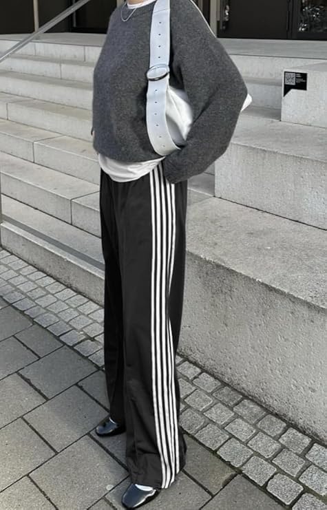 Skiennix Women's Wide Leg Track Pants - Striped Sweatpants with Elastic High Waist & Pockets
