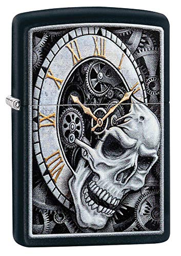 Zippo Skull Clock Design Black Matte Pocket Lighter - Black Ice Rib Cage Variation