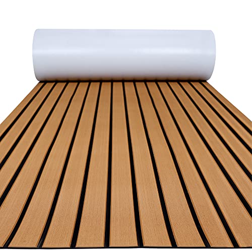 FOCEAN Marine EVA Foam Boat Flooring Faux Teak 94.5 x 23.6 inches Brown with Black Seam Lines