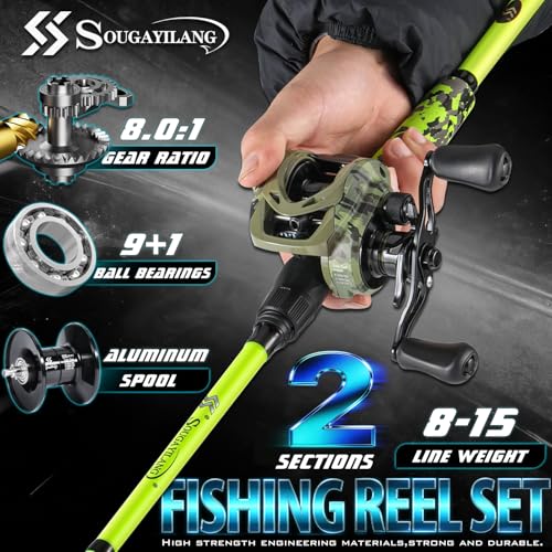 Sougayilang Baitcasting Combo 8.0:1 Gear Ratio, 18LB Drag, 9+1 Bearings, Graphite Rod