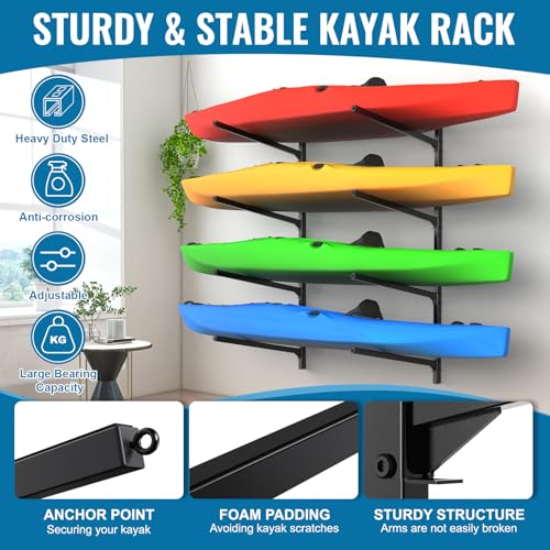 Adjustable Kayak Wall Mount Rack for Indoor Outdoor Storage - 4 Kayaks