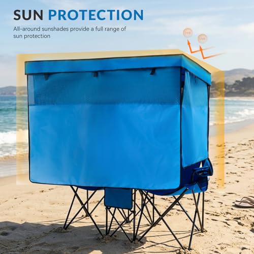 Blue Double Beach Chair with Canopy Shade, Cooler Bag & Cup Holders - Oversized Folding Loveseat for Camping & Beach