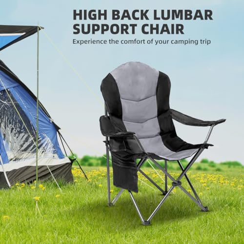 Foristrail 2-Pack Heavy Duty Folding Camping Chairs with Lumbar Support & Cup Holders, Black & Light Gray
