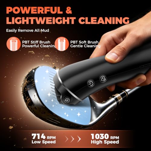 Black Electric Golf Club Brush Cleaner 1030 RPM Auto-Rotating Water Spray with 2 Speed & 2 Brush Heads