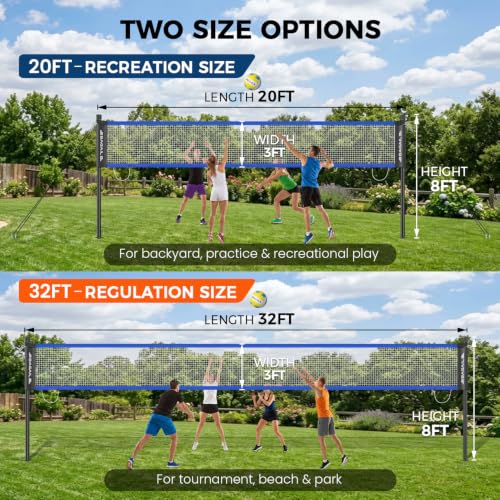 BAGAIL Outdoor Volleyball Net Set 20FT & 32FT Blue Portable Volleyball Nets