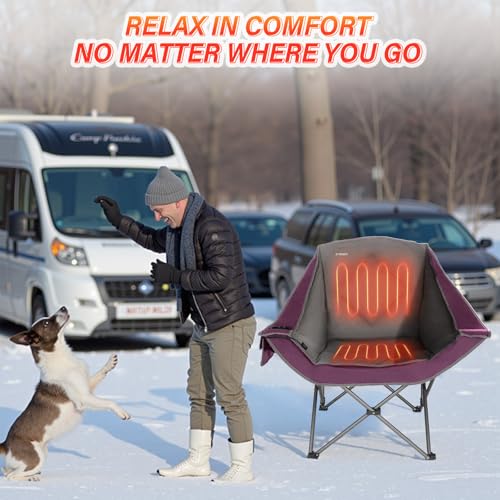 CAMPHILL Purple Heated Camping Chair with Padded Seat & Cup Holder - Oversized Folding Lawn Chair, Heavy Duty, Portable for Outdoor Use