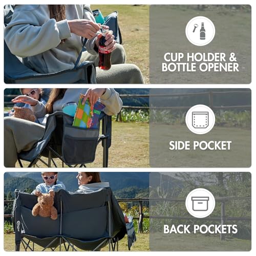 Portal Pure Grey Double Camping Chair, 2 Person Folding Loveseat with Padded Cushions & Cup Holders
