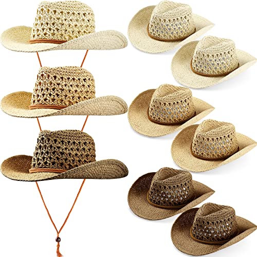 9 Pack Straw Cowboy Hats for Women Men - One Size Khaki Beige Coffee