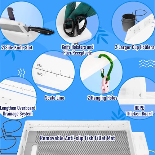 Boat Fish Cleaning Cutting Board with Rod Holder, Cup Holders & Tool Slots