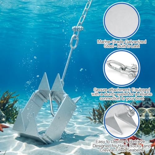 19 lbs Galvanized Folding Boat Anchor for Pontoon & Cabin Cruiser - Double Sided Grip