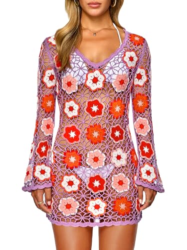 Purple Fairy Season Women's Crochet Boho Beach Cover Up Dress Small