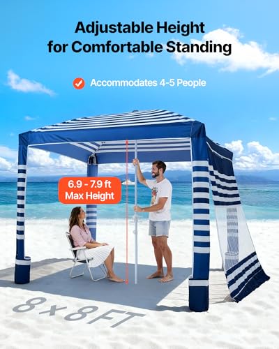 Beach Cabana 8x8 ft with Side Wall Navy Stripes UPF 50+ Sun Shelter Portable Shade