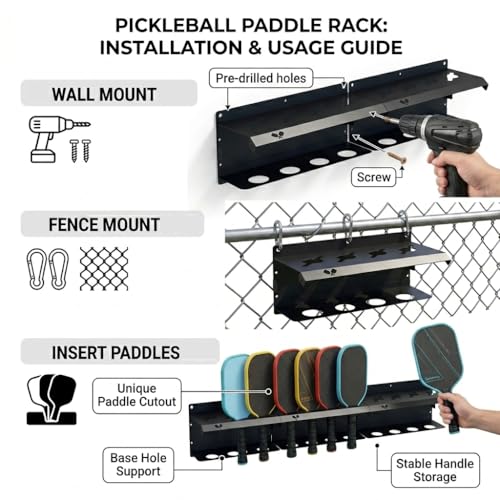 Pickleball Paddle Rack Wall Mount - Fits 4, 8 or 12 Paddles - Indoor Outdoor