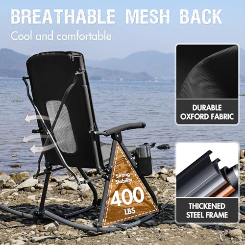 Portal Oversized Folding Rocking Camping Chair 400 lbs Mesh Back Grey/Black