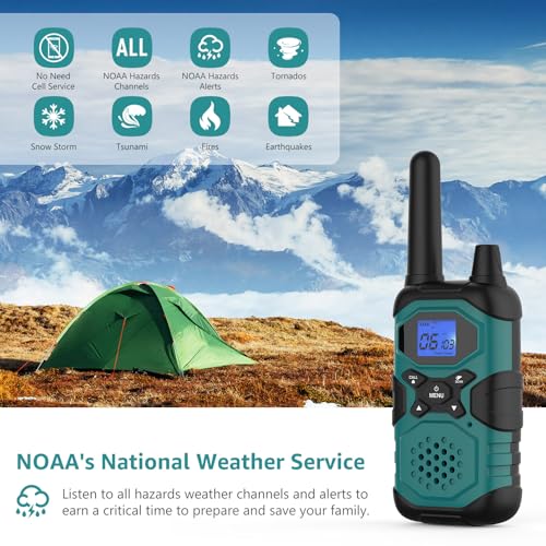 Long Range Rechargeable Walkie Talkies for Adults - 6 Pack with NOAA - Blue, Green, Orange, Red, Purple, Gold