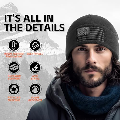 Outdoor Shaping American Flag Fleece Beanie with Embroidered Patch - Black, One Size