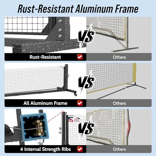 Patiassy Tournament-Grade Pickleball Net System Black & White - Regulation Size, Rust-Resistant Aluminum Frame, Hand-Crank Tension, Mobile & Permanent Use