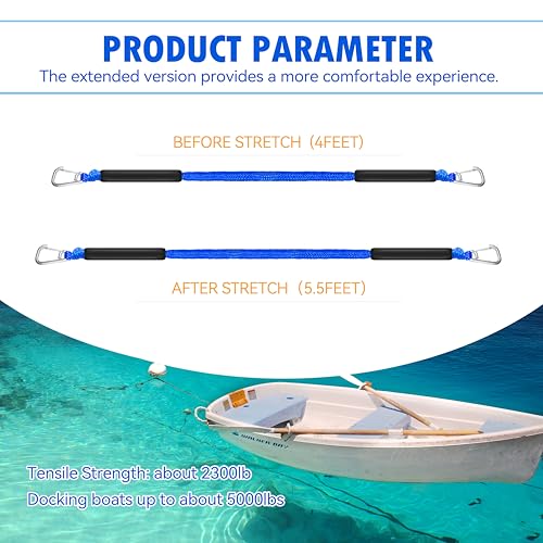 Heavy Duty Floating Dock Lines with Double Hooks - 4FT Marine Bungee Rope for Boats, Pontoon & Jet Ski